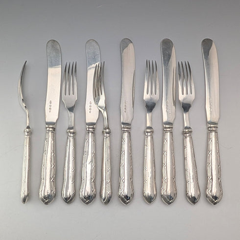 1923 British Antique Pure Silver Handle Dessert Cutlery 5 Pair Yates Brothers Wooden Box